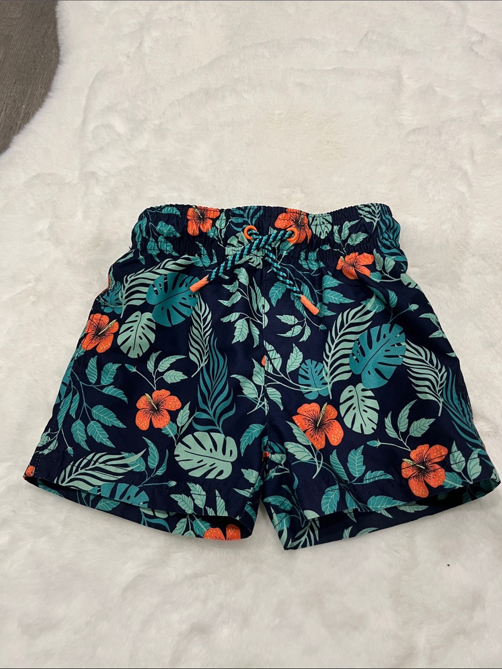 Cat & Jack Navy Tropical Swim Trunks with Orange Floral Print